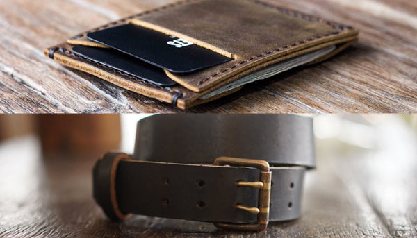 Recycled Leather Wallet & Belt Combo (Brown, 32")